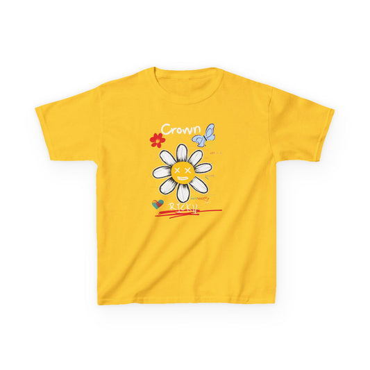 Cute Floral Kids Heavy Cotton Tee with Happy Face Design