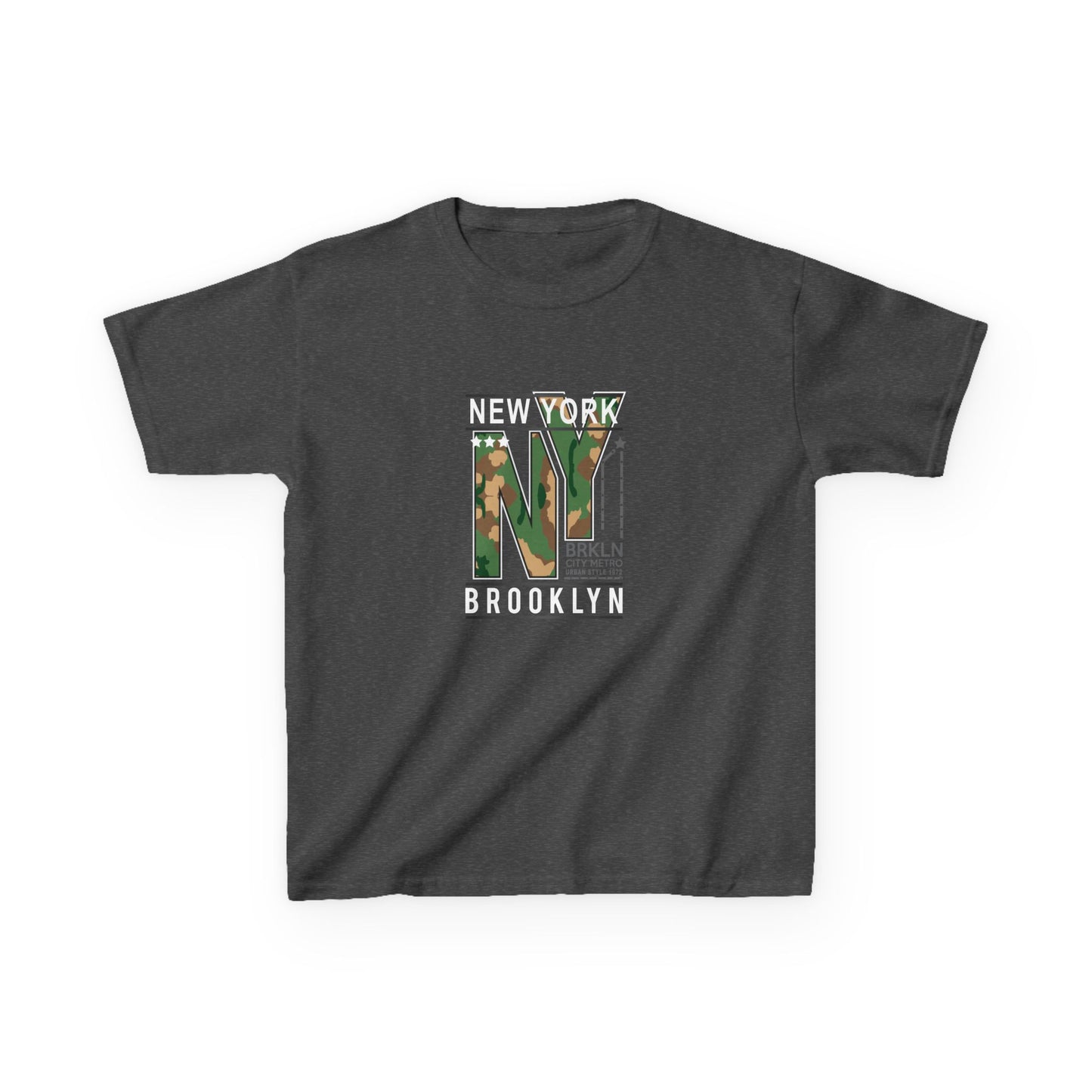 Brooklyn NY Kids Heavy Cotton Tee - Stylish Camo Design for Young Explorers