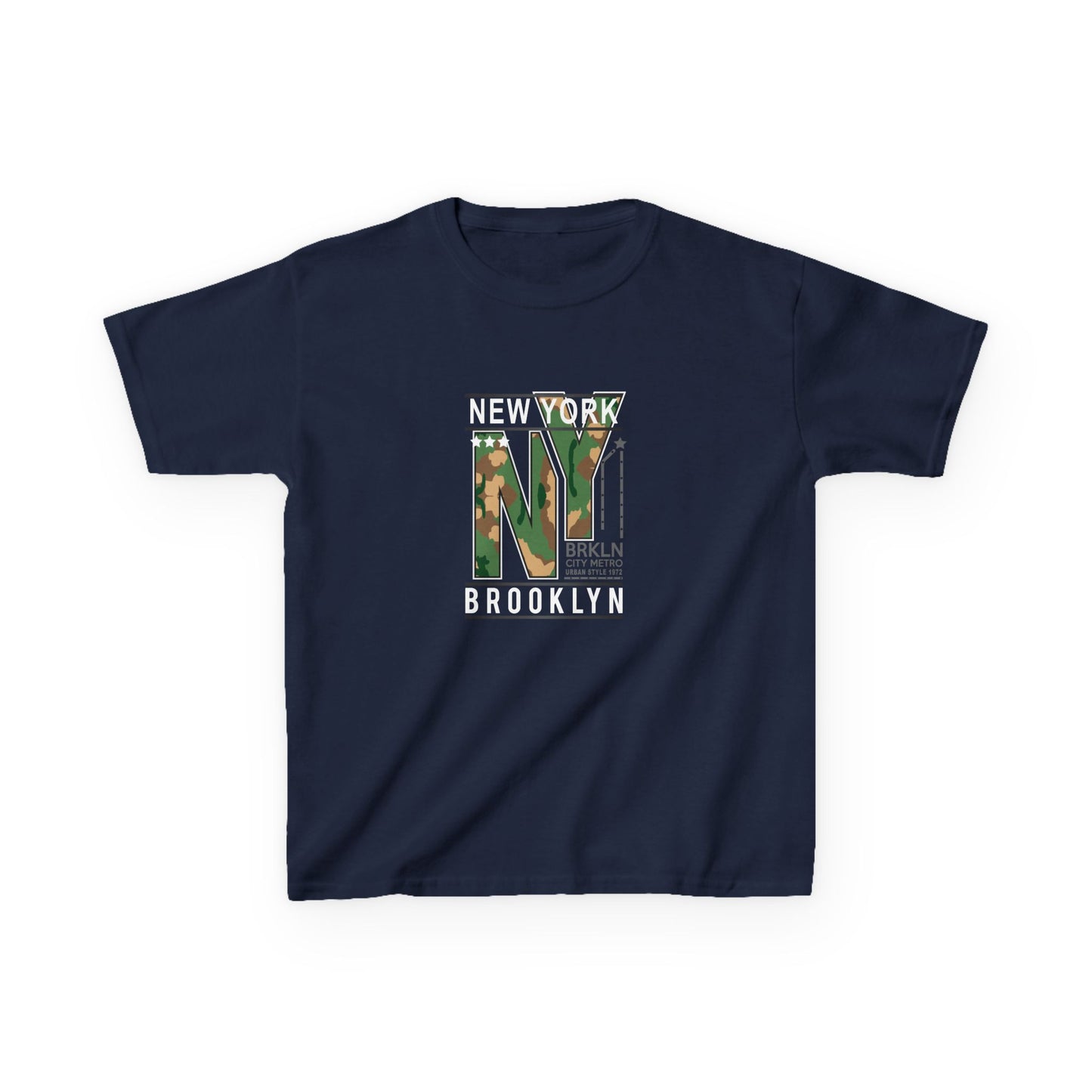 Brooklyn NY Kids Heavy Cotton Tee - Stylish Camo Design for Young Explorers